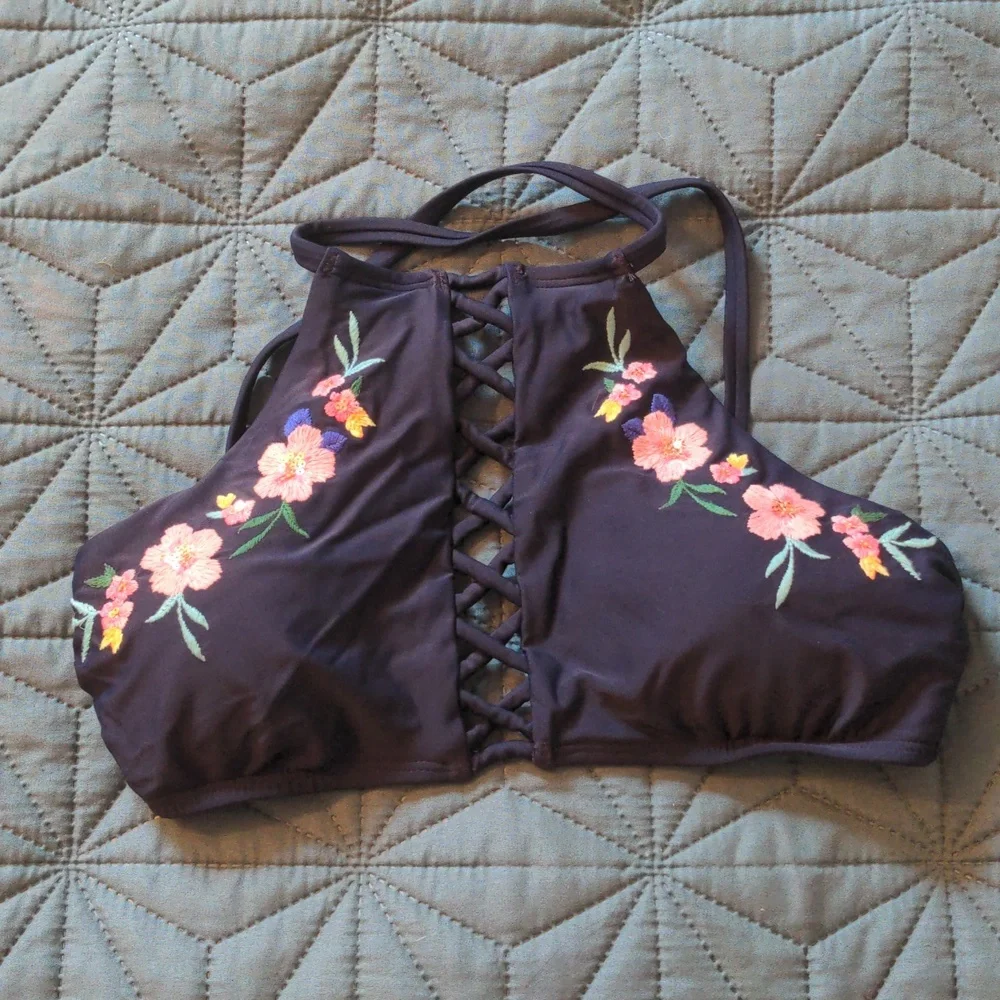 Navy and floral bikini halter top - Picture 2 of 4